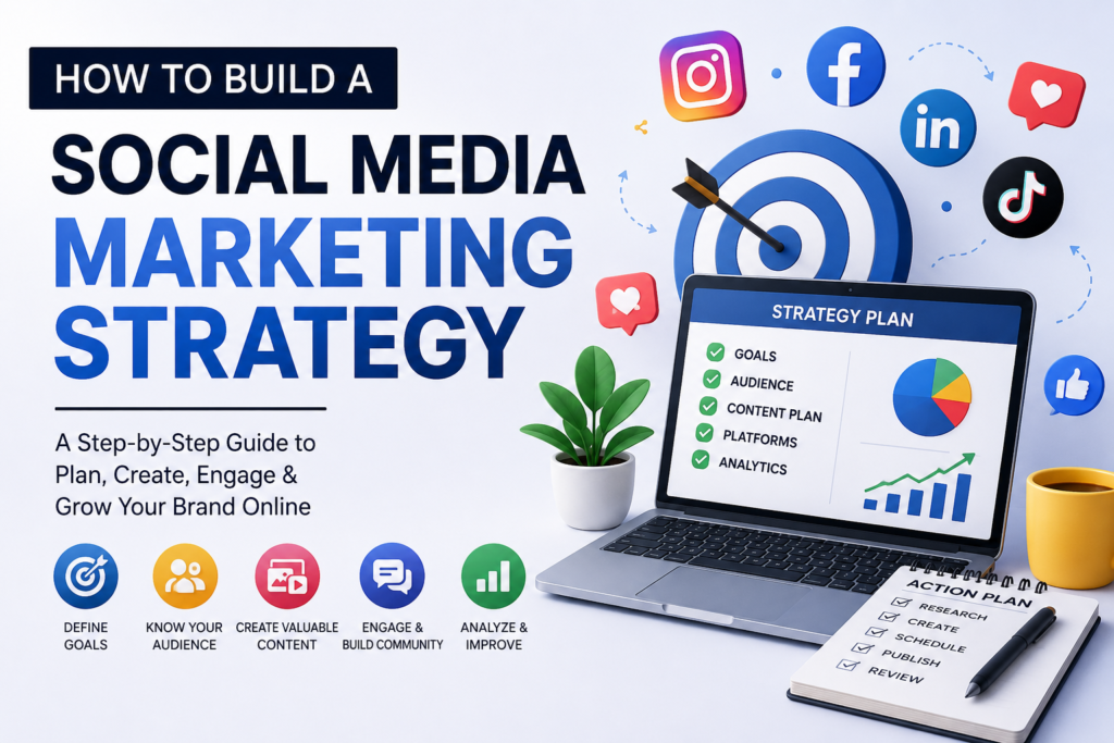 How to build a social media marketing strategy with goals, audience research, content planning, engagement, and analytics, illustrated with social media icons and a strategy plan on a laptop.