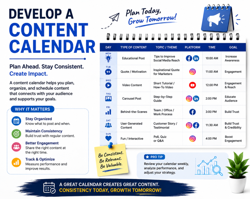 Develop a content calendar to plan, organize, and schedule social media posts across platforms, with examples of content types, themes, posting times, goals, and weekly performance tracking.