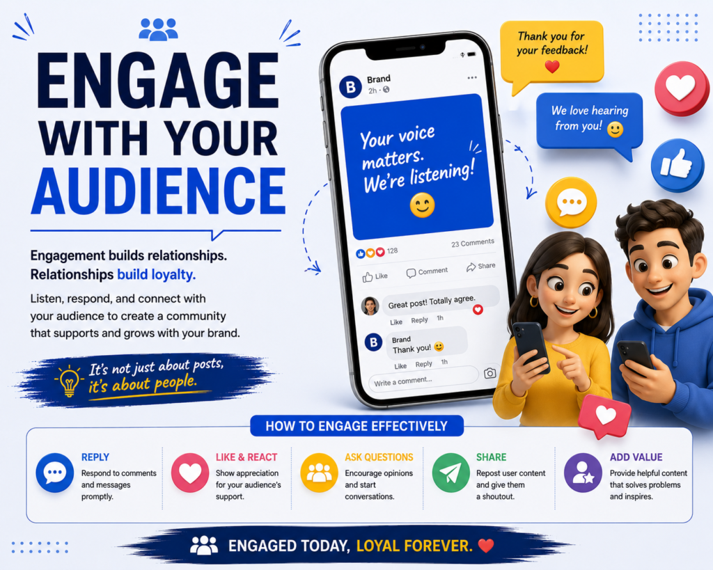 Engage with your social media audience by responding to comments, reacting to feedback, asking questions, sharing user content, and providing helpful value to build stronger relationships and loyalty.
