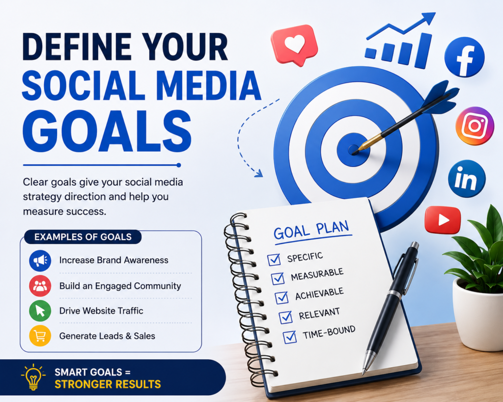 Define your social media goals with a target, SMART goal checklist, and examples including brand awareness, community engagement, website traffic, and lead generation.