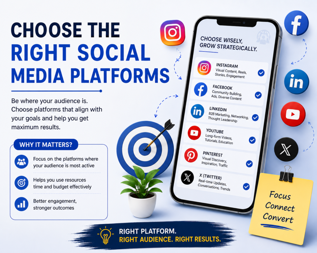 Choose the right social media platforms based on your audience and goals, featuring Instagram, Facebook, LinkedIn, YouTube, Pinterest, and X with platform-specific marketing benefits.