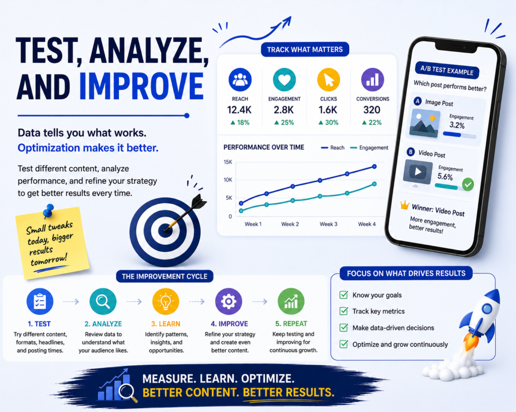 Test, analyze, and improve social media performance by tracking reach, engagement, clicks, and conversions, using A/B testing and a continuous improvement cycle to optimize content and results.